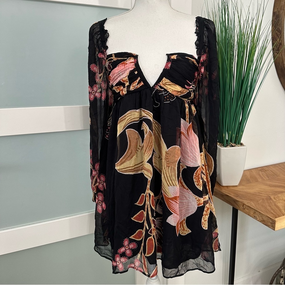 Anthropologie Let Me Be Chiffon Floral Babydoll Mini Dress Black Pink Small NWT